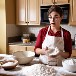 **

A beginner baker looking confused while holding measuring cups next to a messy countertop covered in flour, sugar, and spilled milk. The scene should convey common baking mistakes with humor. "Baking for Dummies" book is visible in the background.

**