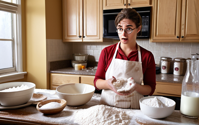 **
A beginner baker looking confused while holding measuring cups next to a messy countertop covered in flour, sugar, and spilled milk. The scene should convey common baking mistakes with humor. "Baking for Dummies" book is visible in the background.
**